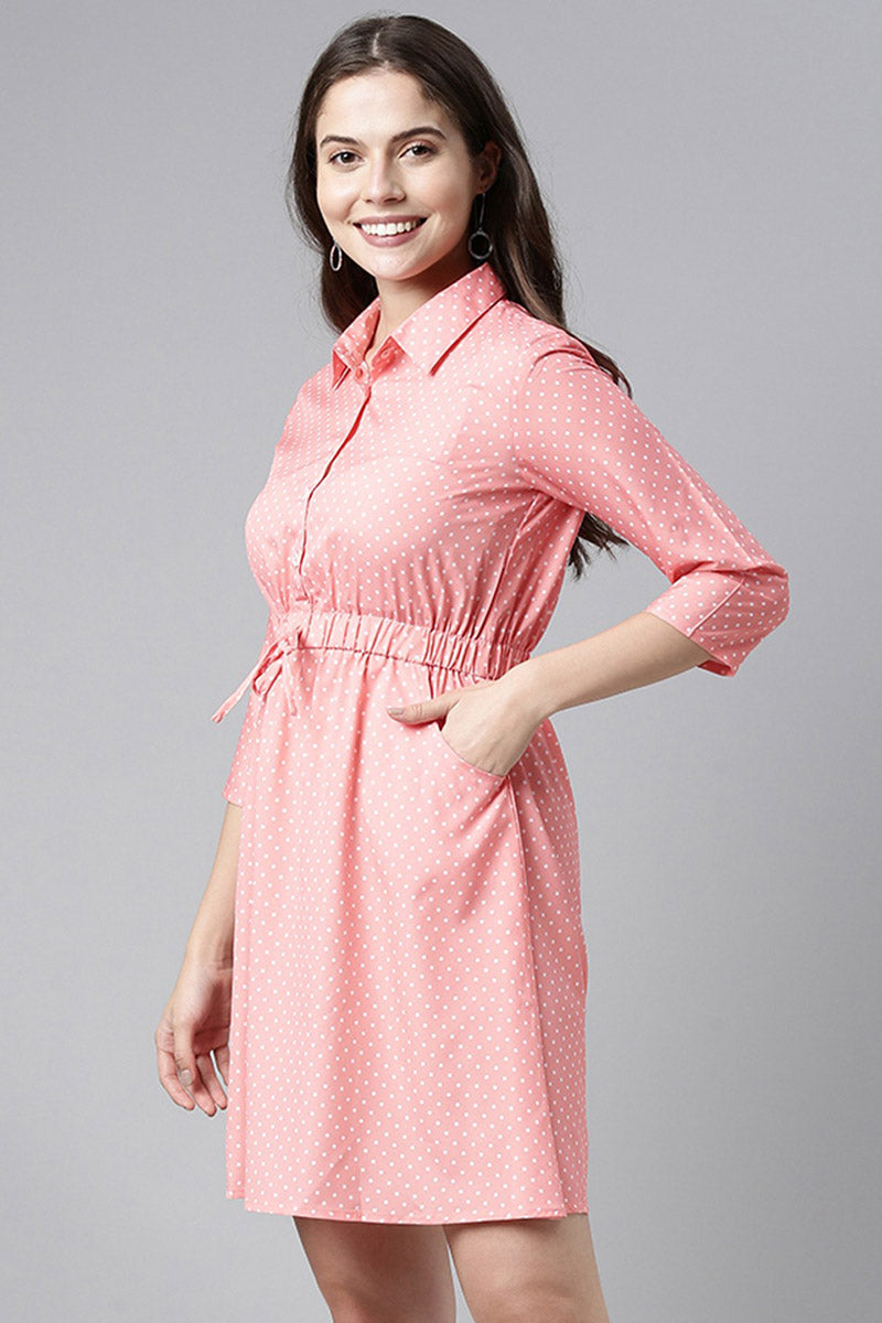 AHIKA Pink Crepe Polka Dot Mini Dress