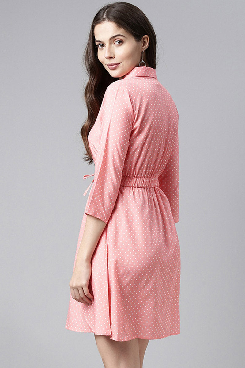 AHIKA Pink Crepe Polka Dot Mini Dress