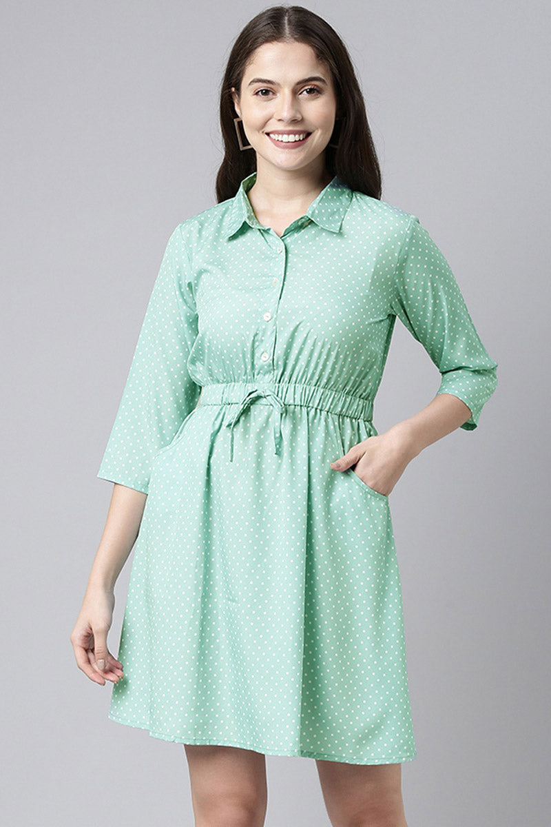 AHIKA Green White Fit and Flare Dress with Waist Tie-Ups
