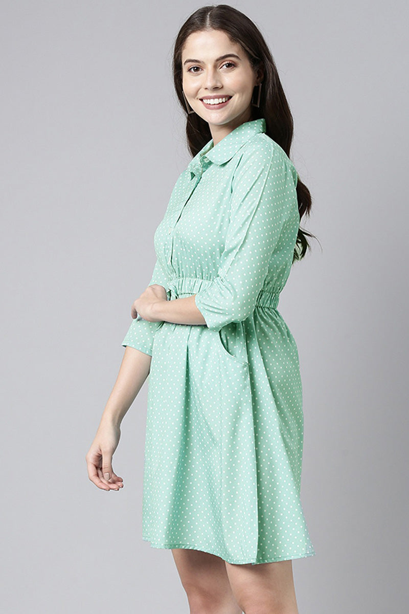AHIKA Green White Fit and Flare Dress with Waist Tie-Ups