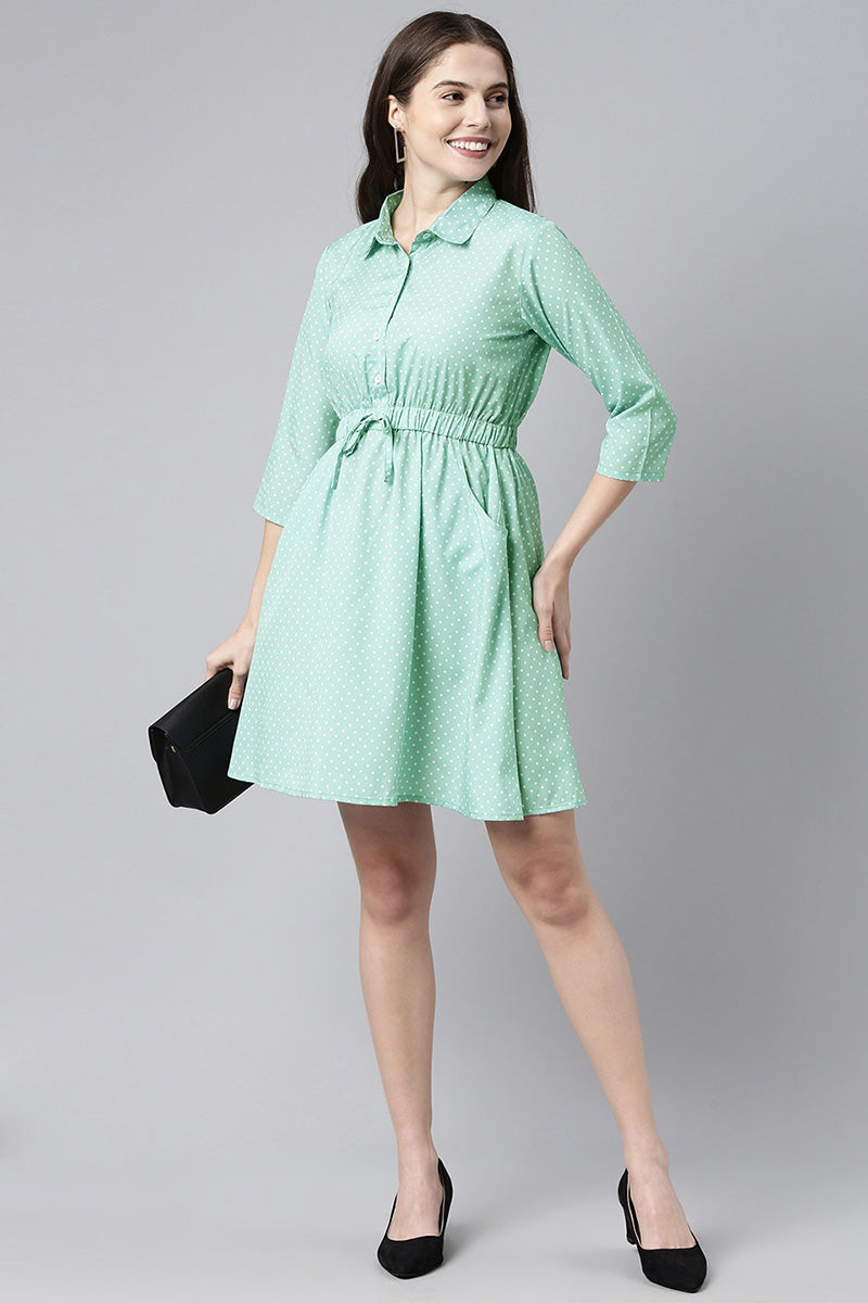 AHIKA Green White Fit and Flare Dress with Waist Tie-Ups
