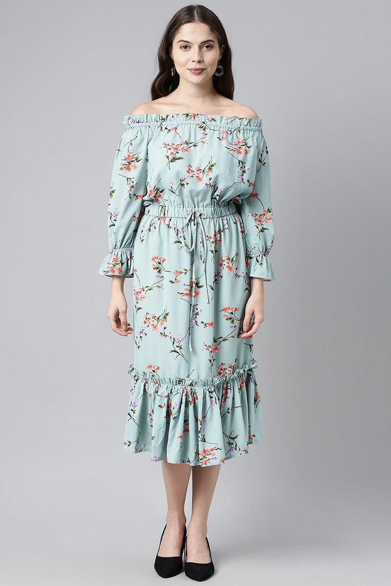 AHIKA Blue Red Floral Print Off-Shoulder Flounce Hem Midi Dress with Waist Tie-Ups