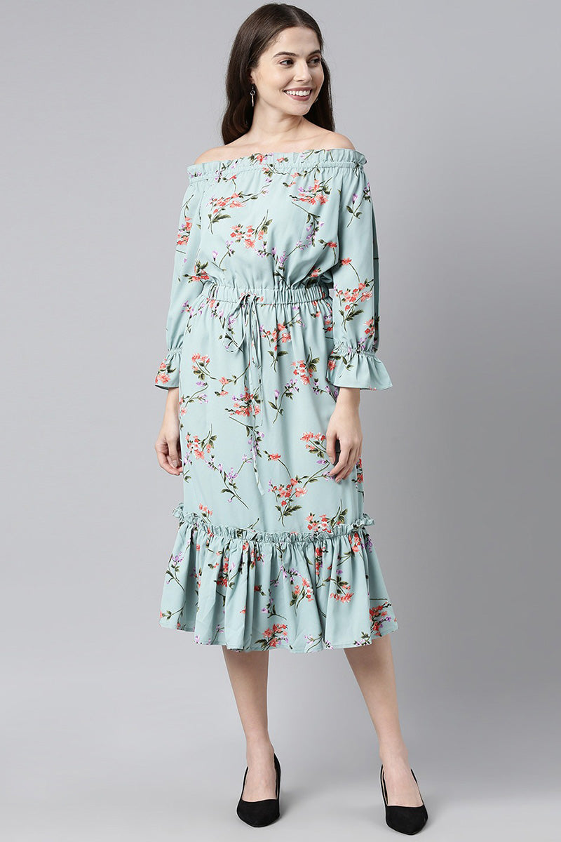 AHIKA Blue Red Floral Print Off-Shoulder Flounce Hem Midi Dress with Waist Tie-Ups