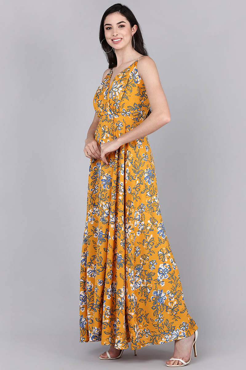 Mustard Polyester Floral Print Flared Maxi Dress VD1159