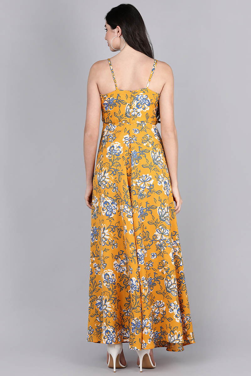 Mustard Polyester Floral Print Flared Maxi Dress VD1159