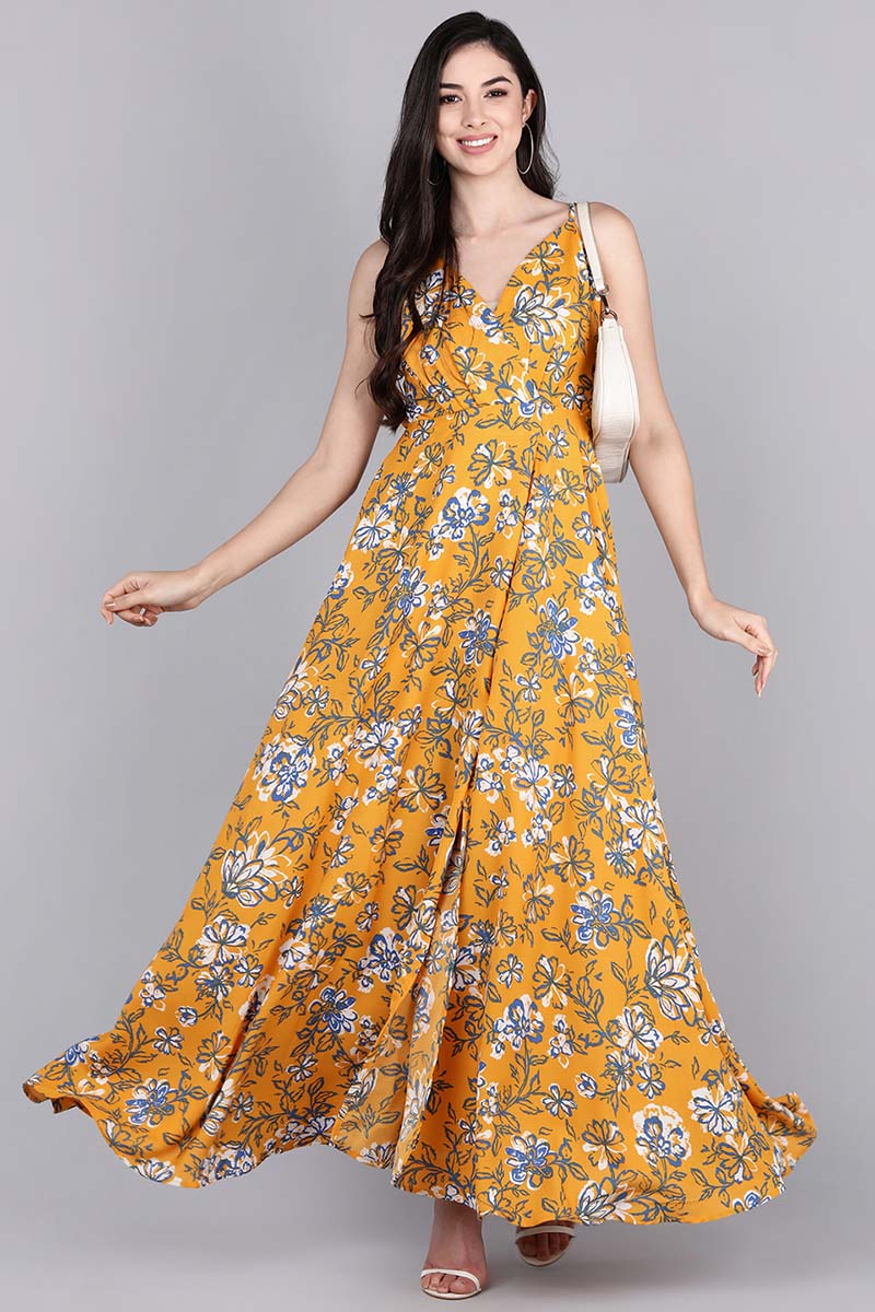Mustard Polyester Floral Print Flared Maxi Dress VD1159