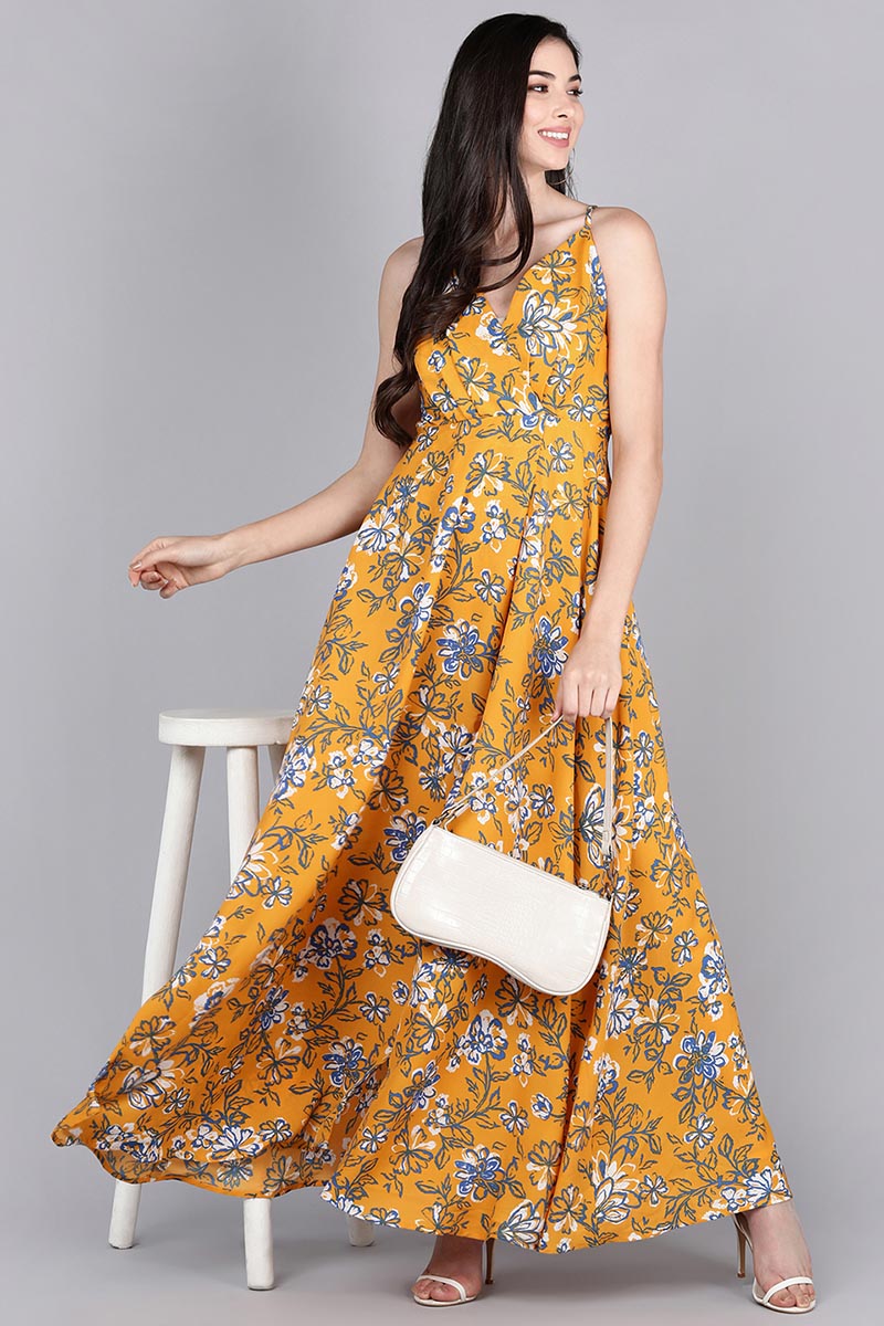 Mustard Polyester Floral Print Flared Maxi Dress VD1159