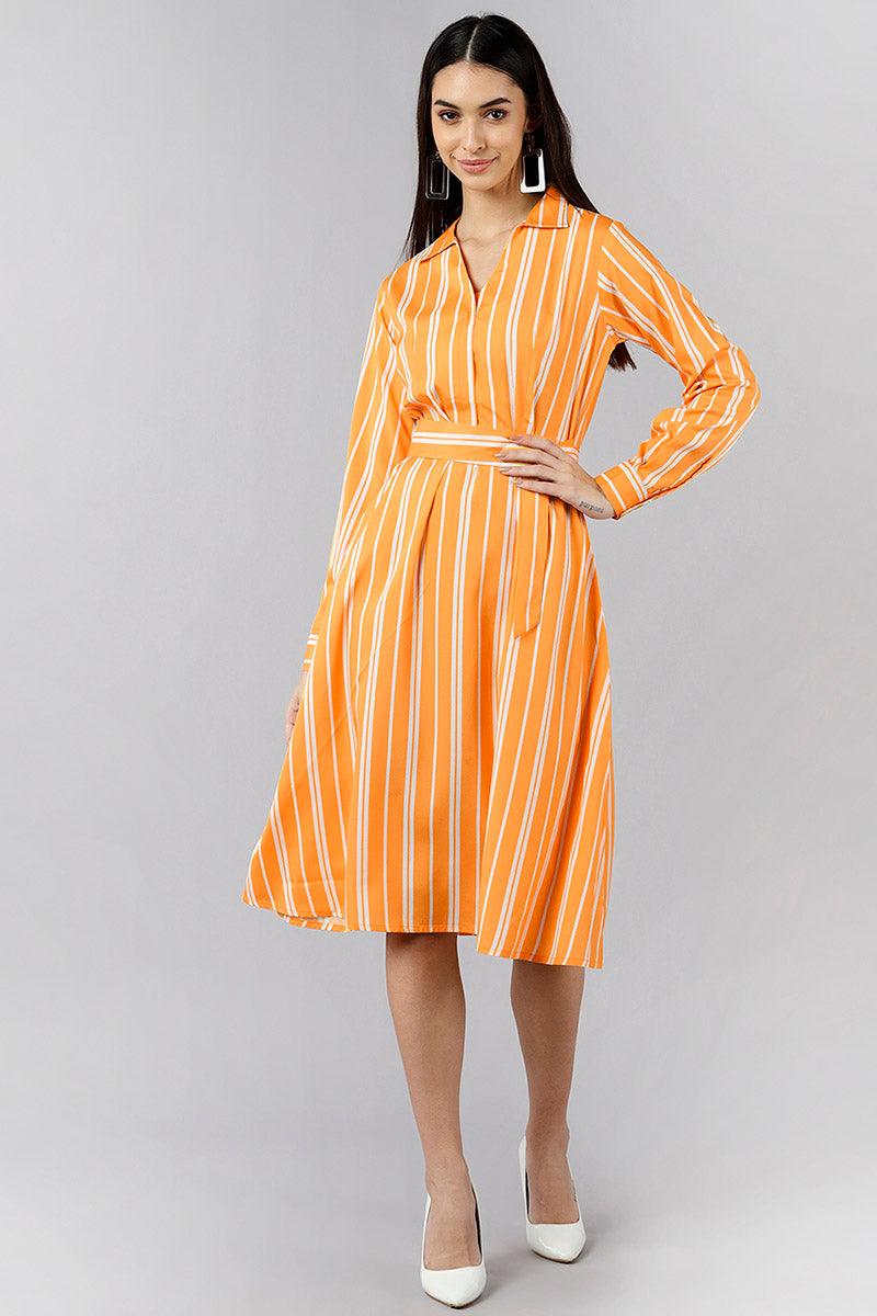 Orange Polyester Striped Midi Dress VD1161