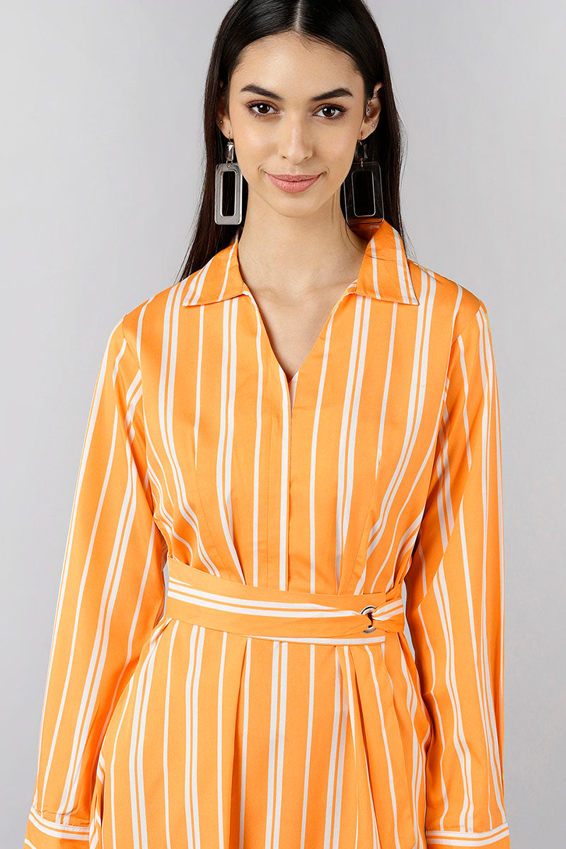 Orange Polyester Striped Midi Dress VD1161