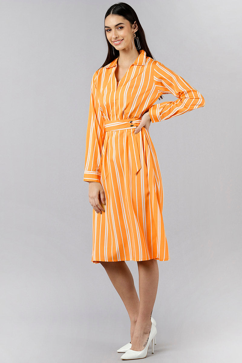 Orange Polyester Striped Midi Dress VD1161