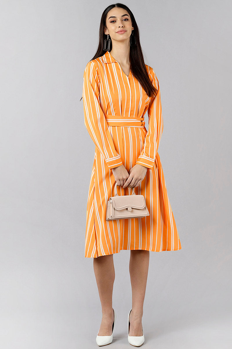 Orange Polyester Striped Midi Dress VD1161