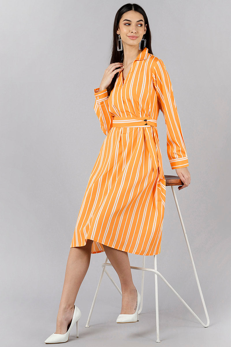 Orange Polyester Striped Midi Dress VD1161