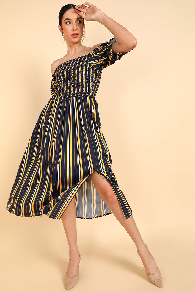 AHIKA Women Navy Blue Polyester Striped Dress