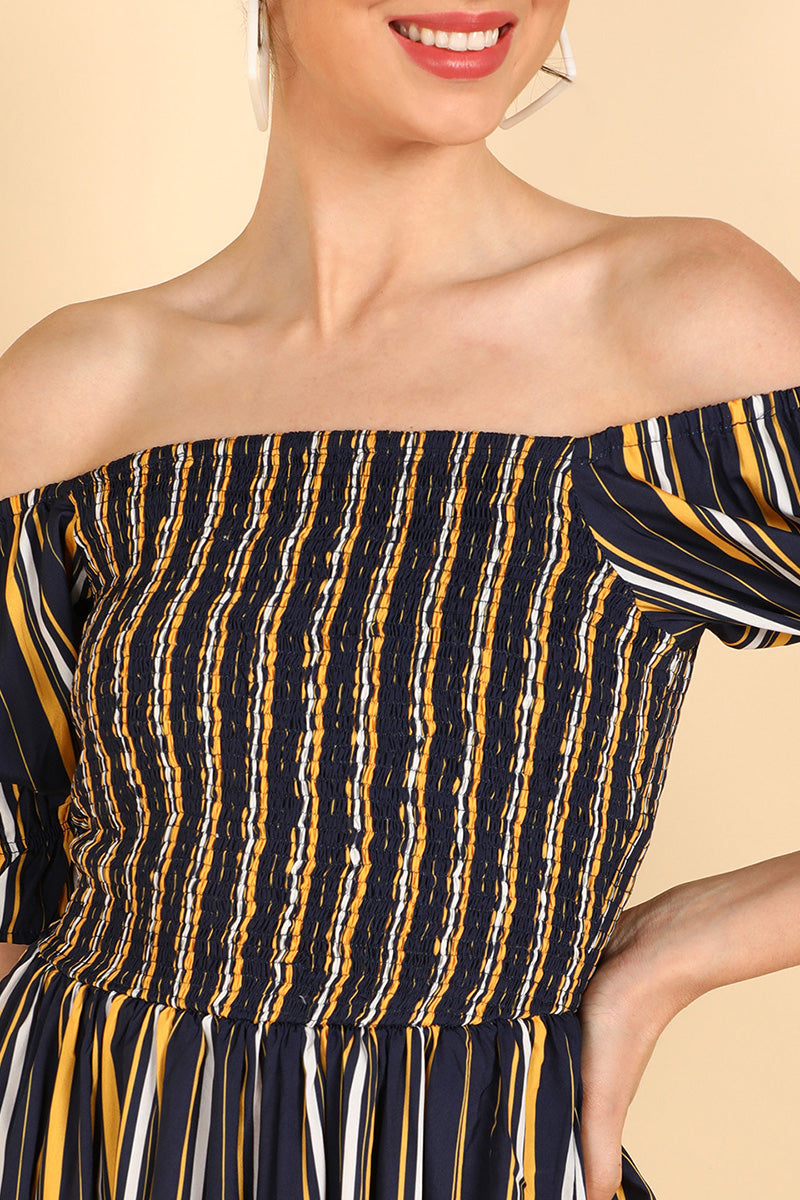 AHIKA Women Navy Blue Polyester Striped Dress