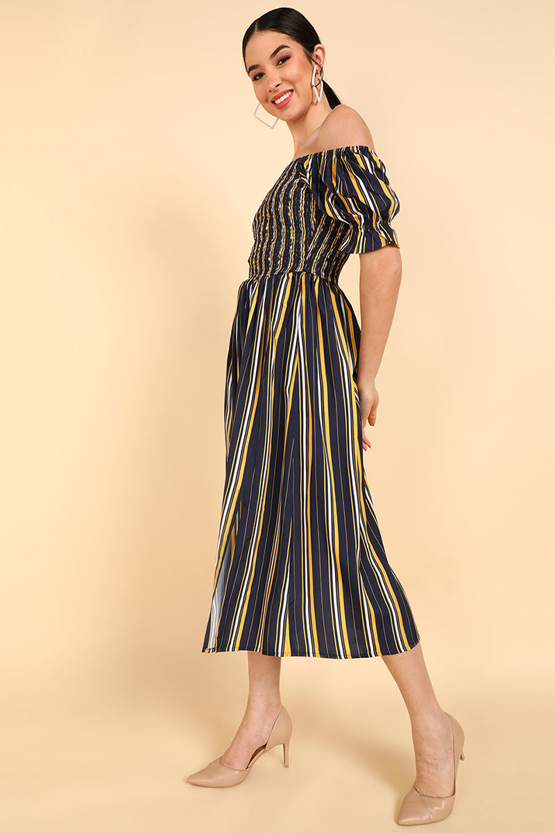 AHIKA Women Navy Blue Polyester Striped Dress