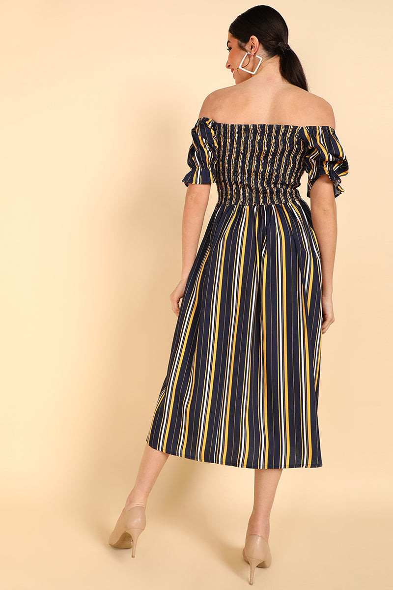 AHIKA Women Navy Blue Polyester Striped Dress
