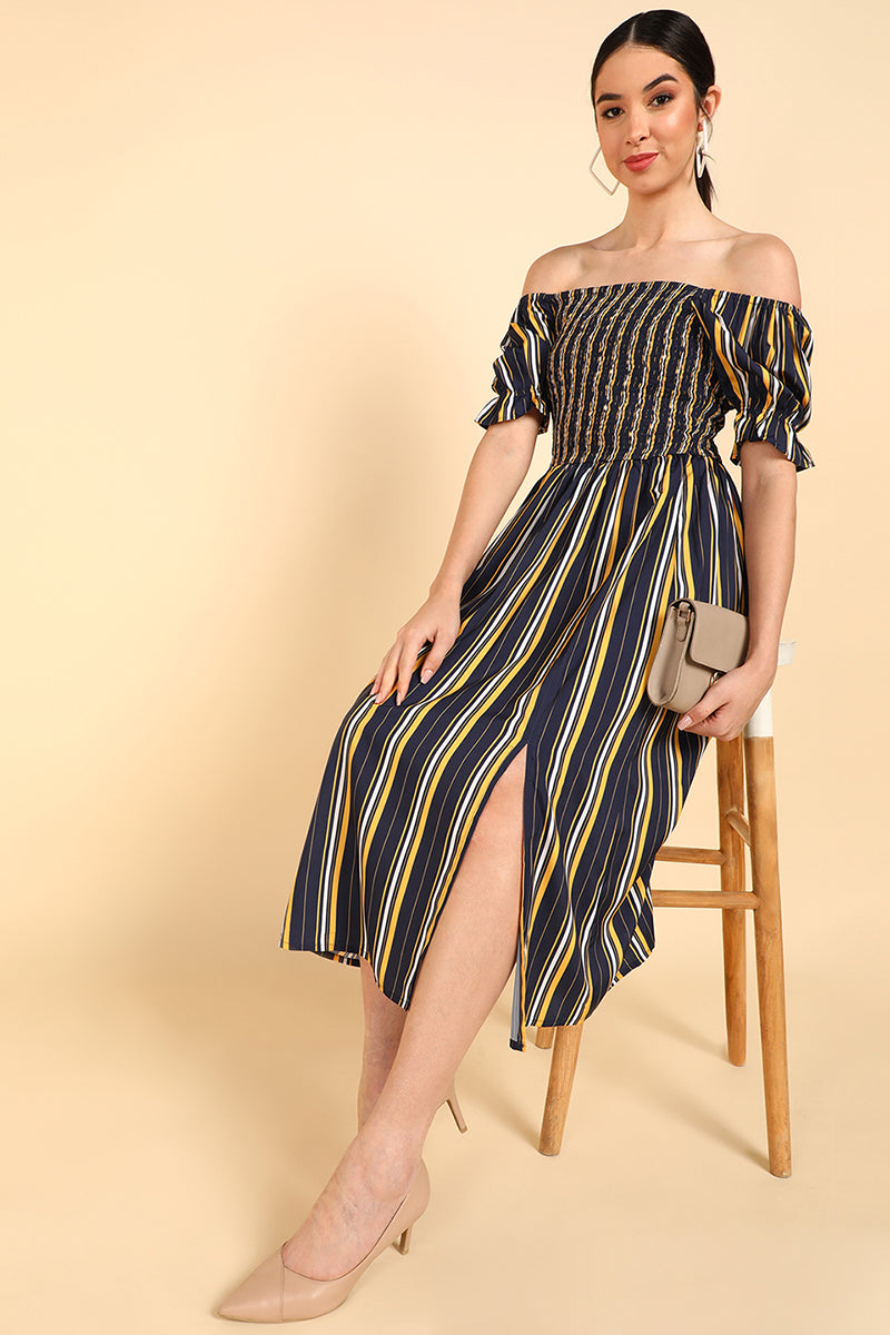 AHIKA Women Navy Blue Polyester Striped Dress