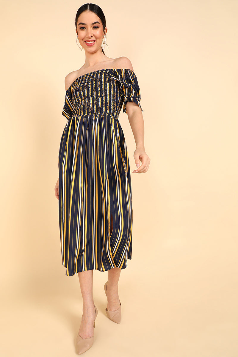 AHIKA Women Navy Blue Polyester Striped Dress