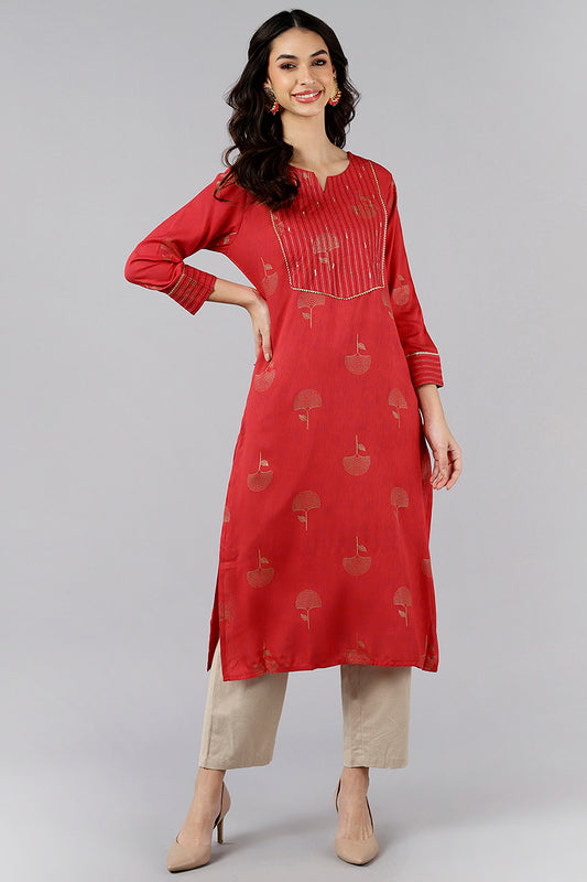 Red Cotton Sequin Embroidered Straight Kurti VEK1065