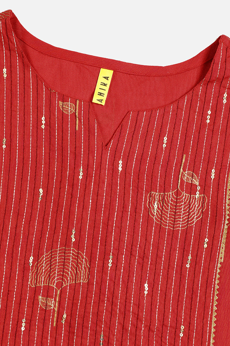 Red Cotton Sequin Embroidered Straight Kurti VEK1065