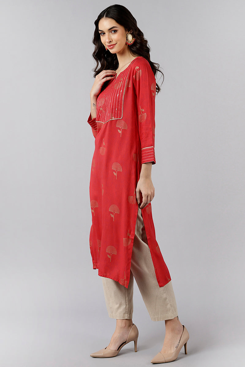 Red Cotton Sequin Embroidered Straight Kurti VEK1065