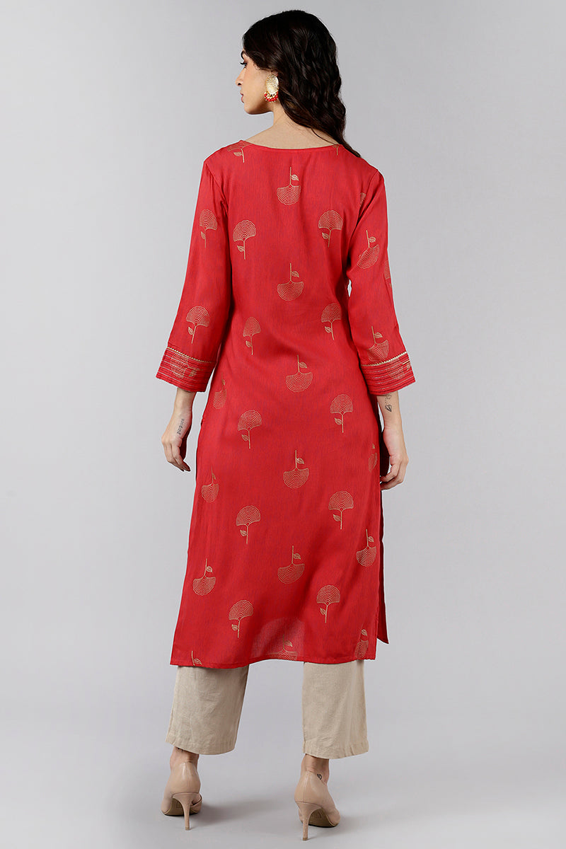 Red Cotton Sequin Embroidered Straight Kurti VEK1065