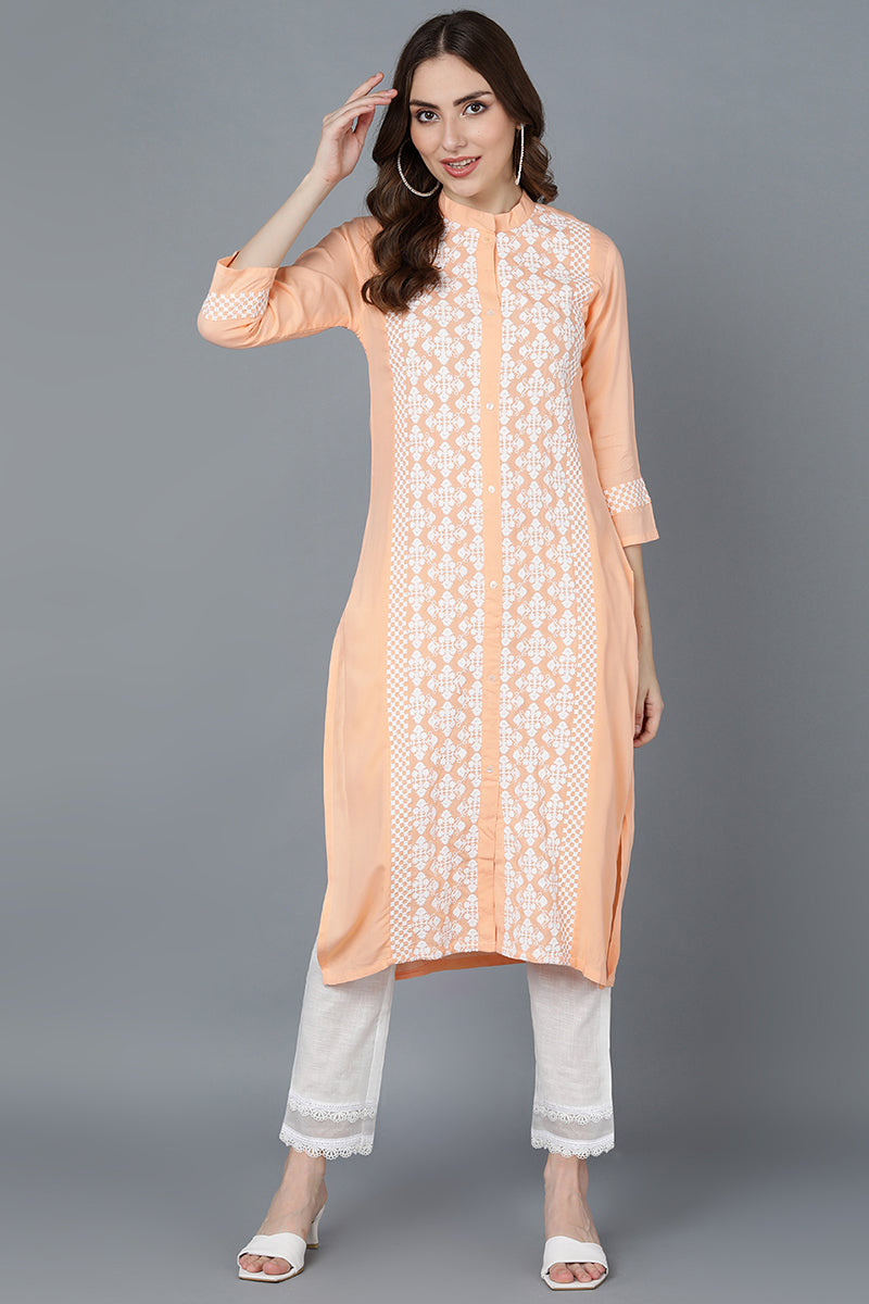 Peach Poly Silk Thread Embroidered Straight Kurti VEK1117