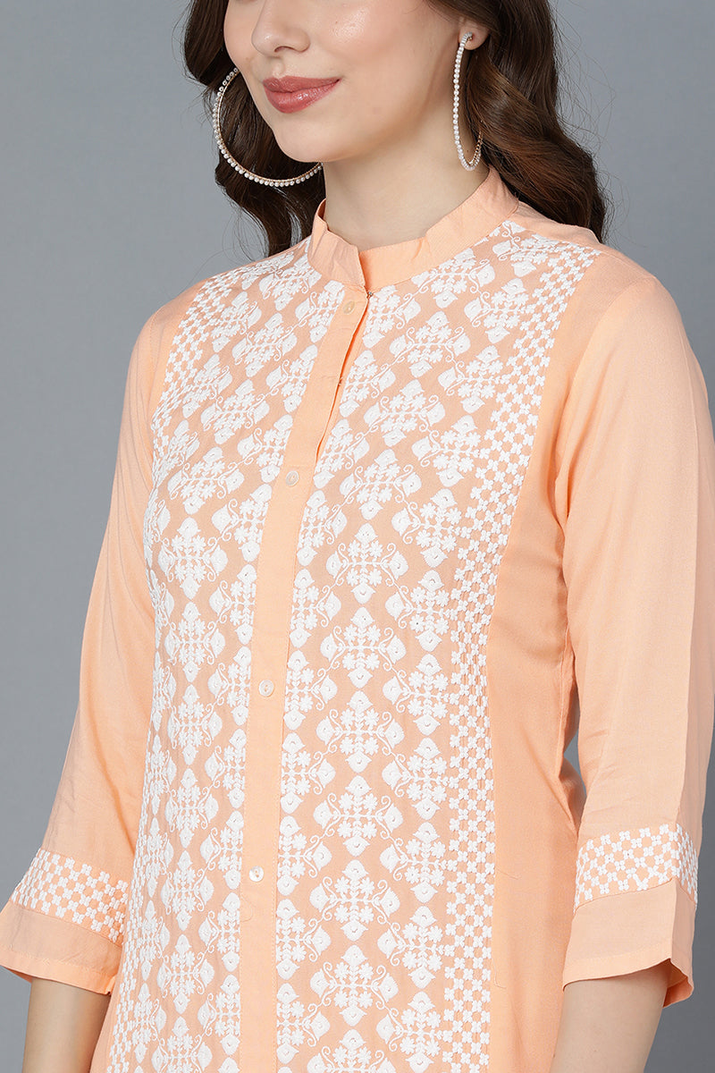 Peach Poly Silk Thread Embroidered Straight Kurti VEK1117