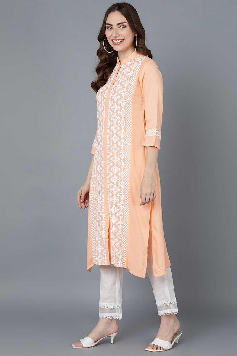 Peach Poly Silk Thread Embroidered Straight Kurti VEK1117