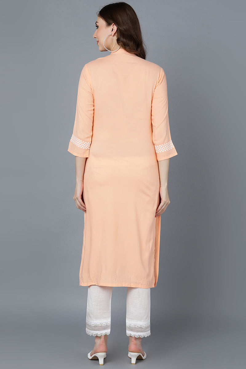 Peach Poly Silk Thread Embroidered Straight Kurti VEK1117