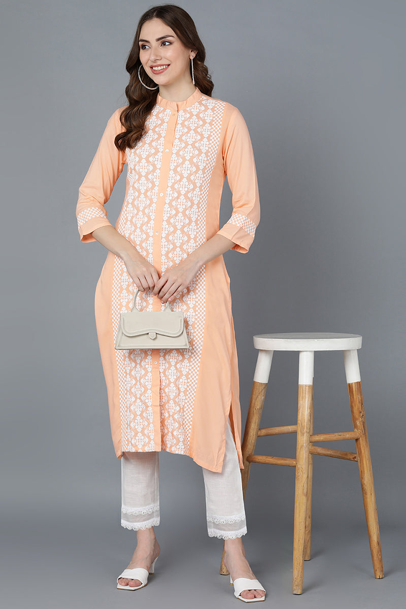 Peach Poly Silk Thread Embroidered Straight Kurti VEK1117