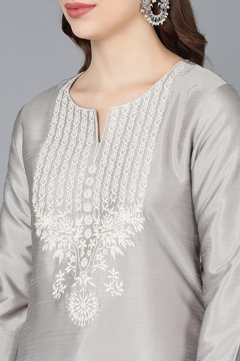 Ahika Women Grey Silk Embroidered Kurta 
