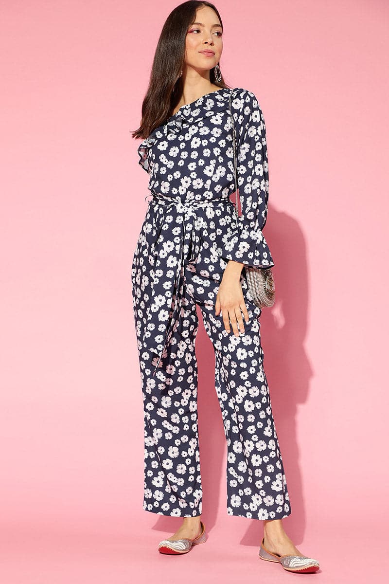 AHIKA Navy Blue White Printed Basic Jumpsuit
