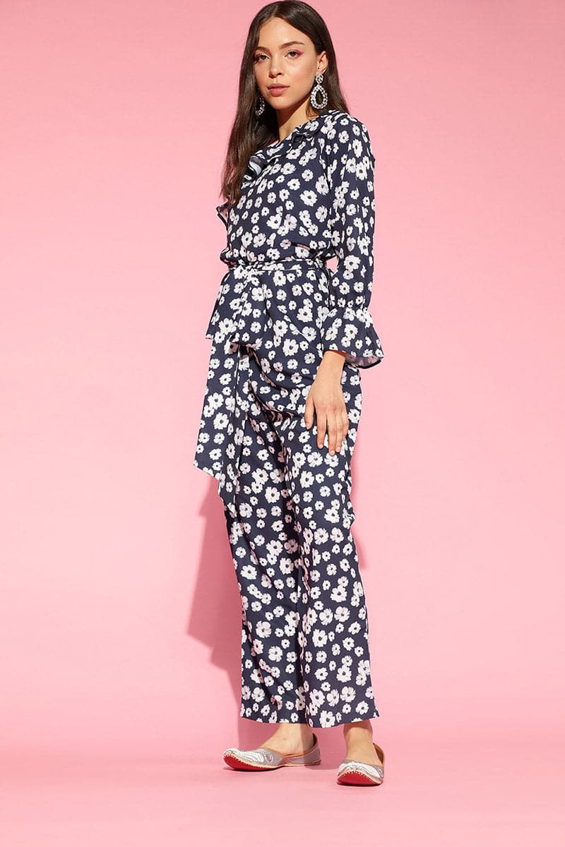 AHIKA Navy Blue White Printed Basic Jumpsuit