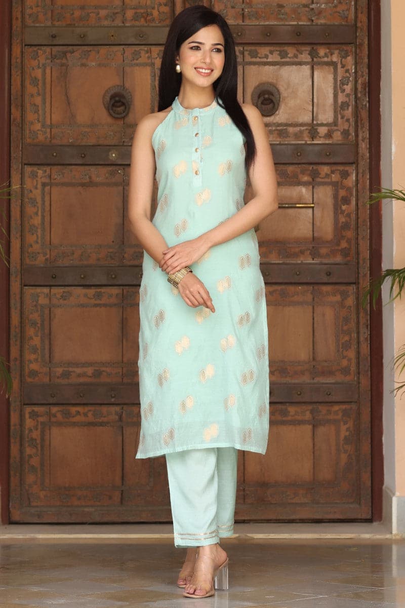 Blue Poly Chanderi Woven Kurta Set VKSET1259
