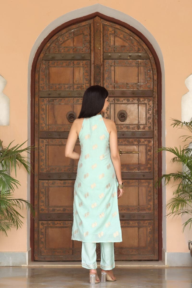 Blue Poly Chanderi Woven Kurta Set VKSET1259