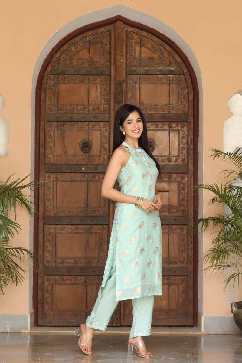 Blue Poly Chanderi Woven Kurta Set VKSET1259