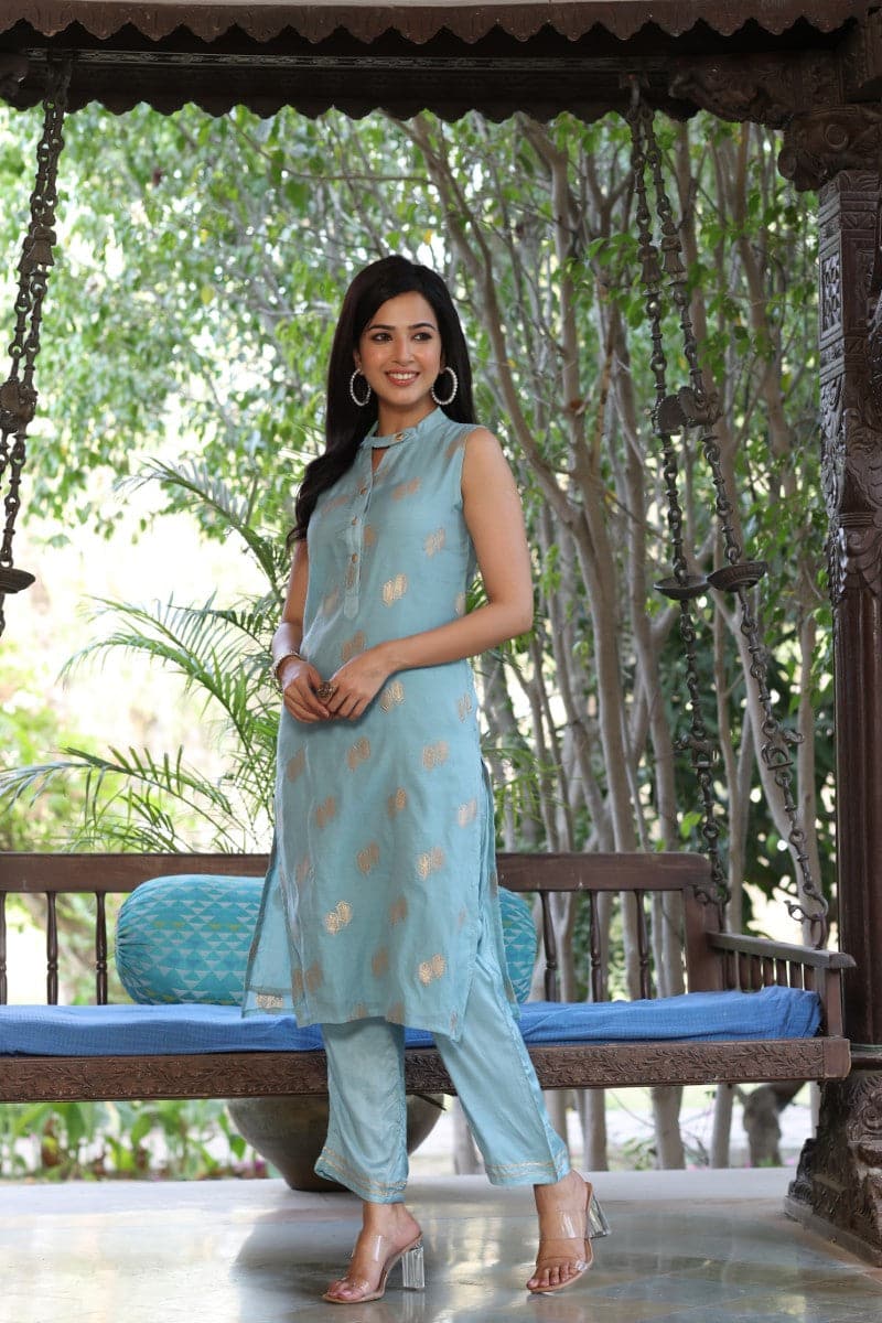 AHIKA Poly-Chanderi Ethnic Motifs Kurta Set