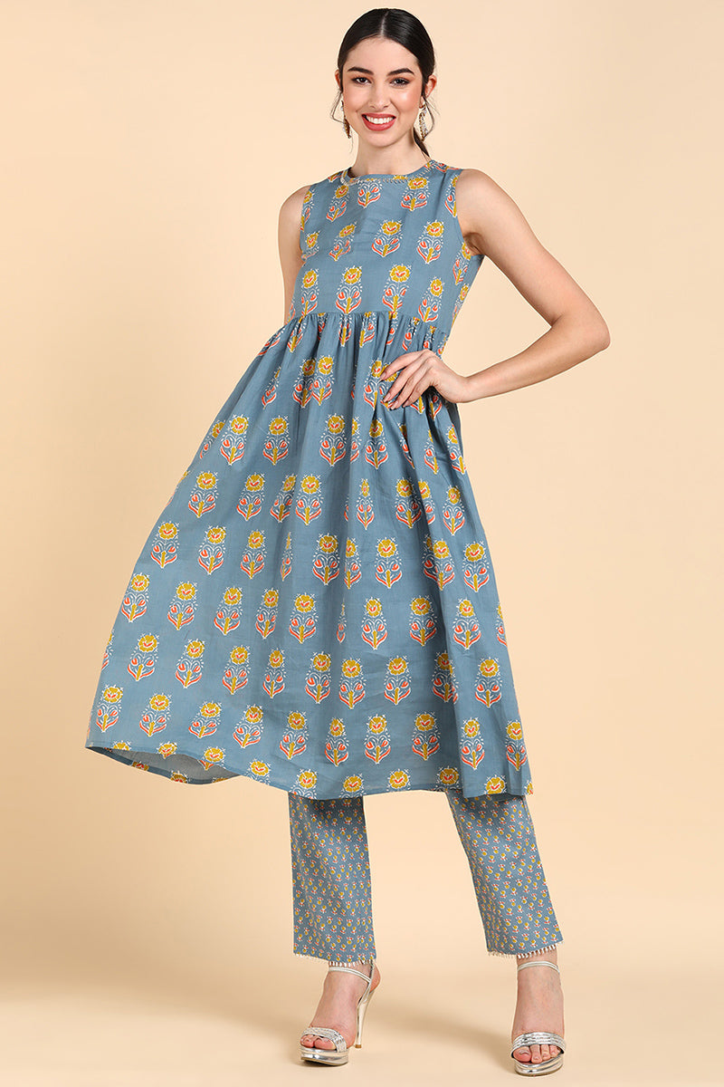 Blue Pure Cotton Floral Print Anarkali Kurta Set VKSET1278
