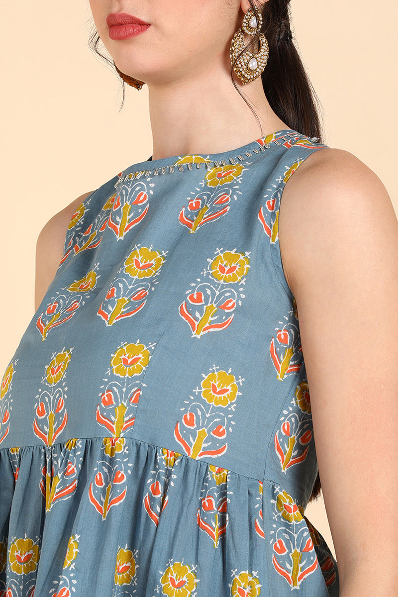 Blue Pure Cotton Floral Print Anarkali Kurta Set VKSET1278