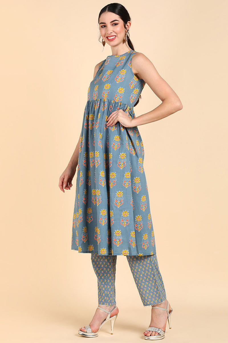Blue Pure Cotton Floral Print Anarkali Kurta Set VKSET1278