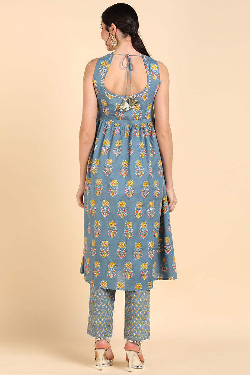 Blue Pure Cotton Floral Print Anarkali Kurta Set VKSET1278