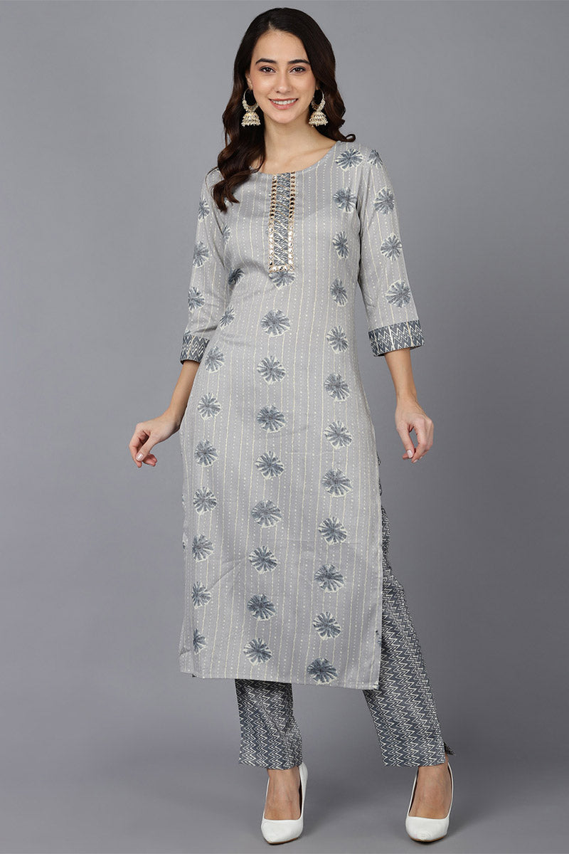 Ahika Women Grey Cotton Blend Kurta Trousers