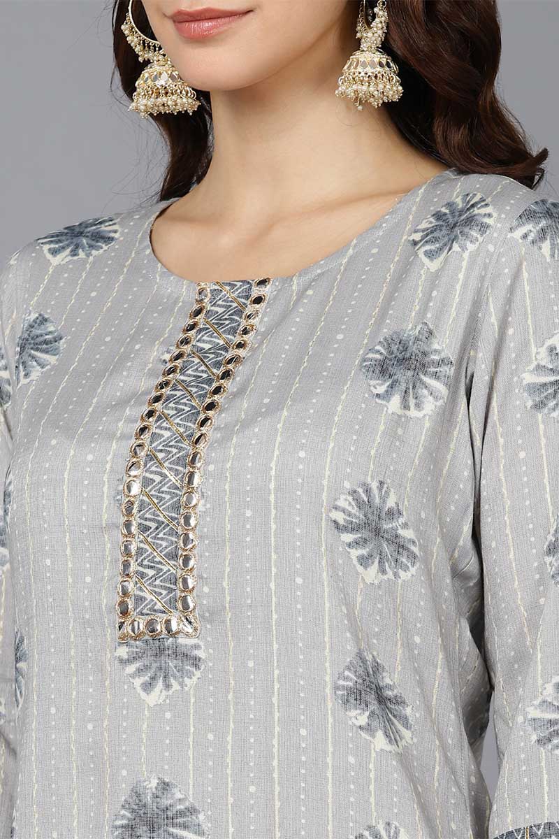 Ahika Women Grey Cotton Blend Kurta Trousers