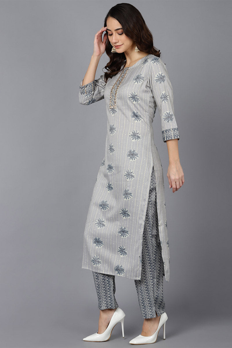 Ahika Women Grey Cotton Blend Kurta Trousers