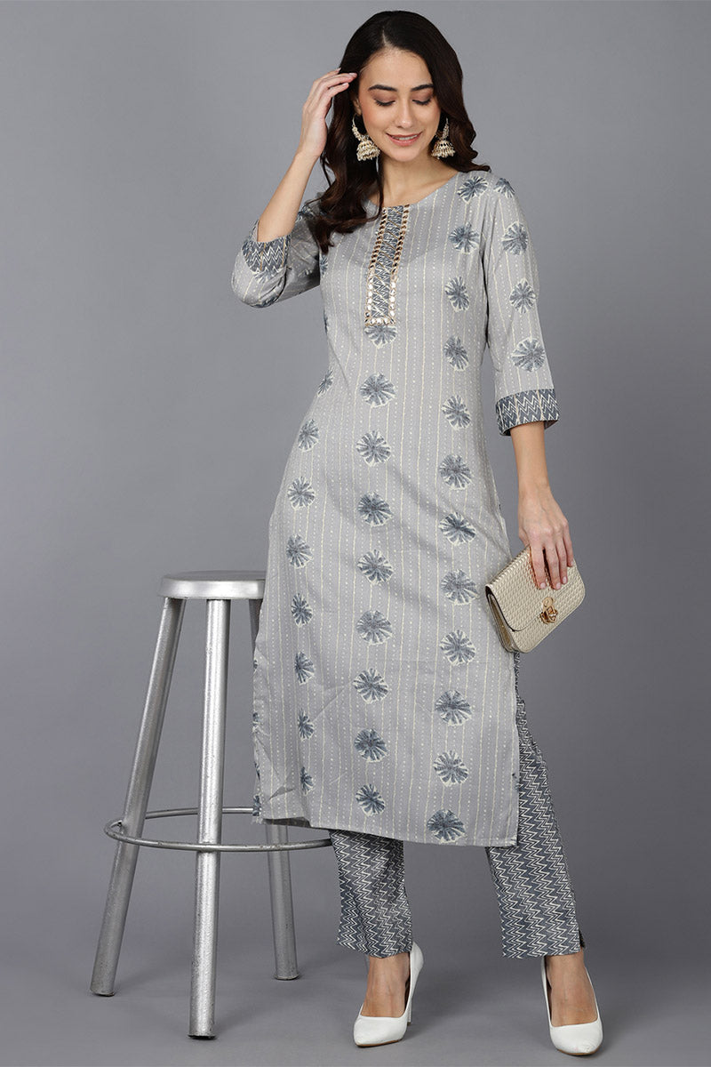 Ahika Women Grey Cotton Blend Kurta Trousers