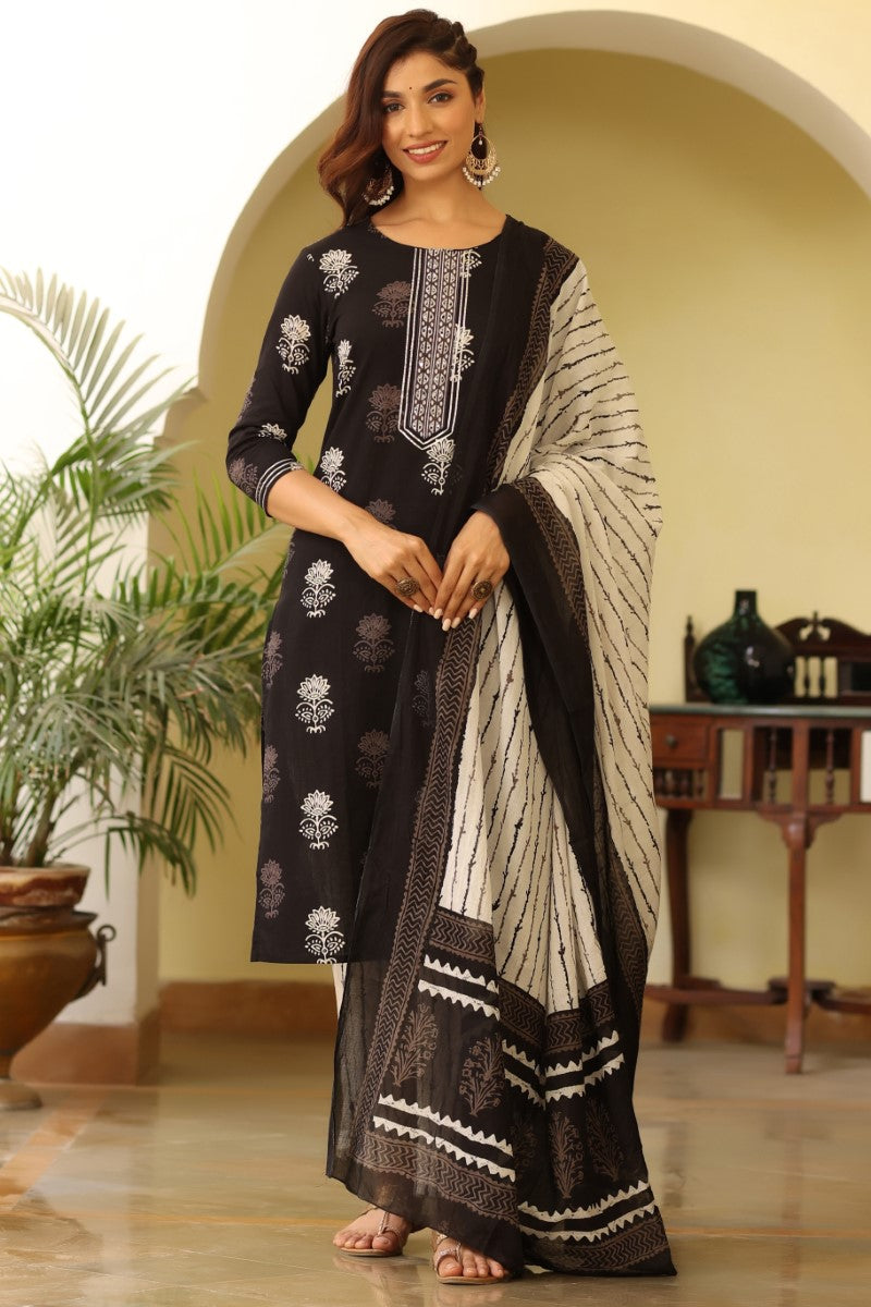 Women Black & White Rayon Blend Printed Kurta with Trousers & Dupatta VKSKD1024