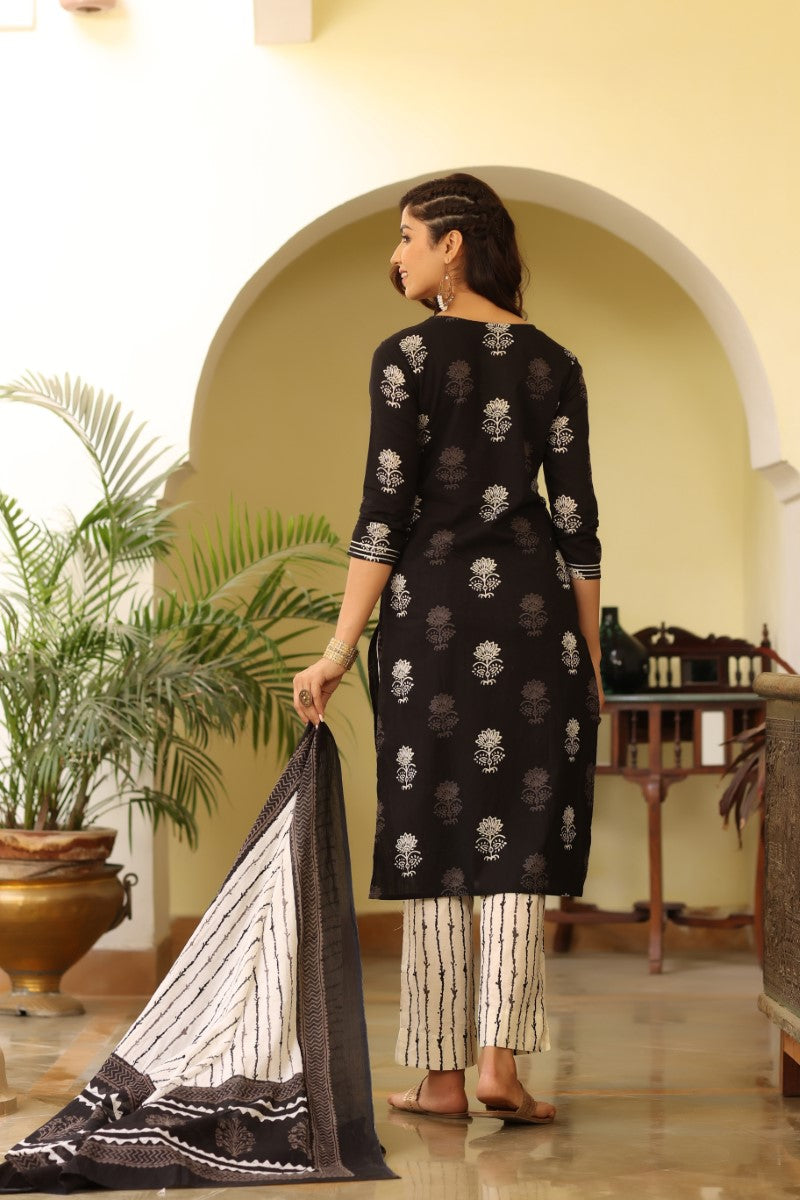 Women Black & White Rayon Blend Printed Kurta with Trousers & Dupatta VKSKD1024