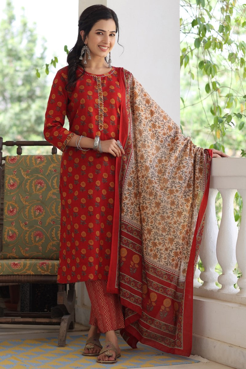 Maroon Brown Printed Kurta with Trousers Dupatta VKSKD1027