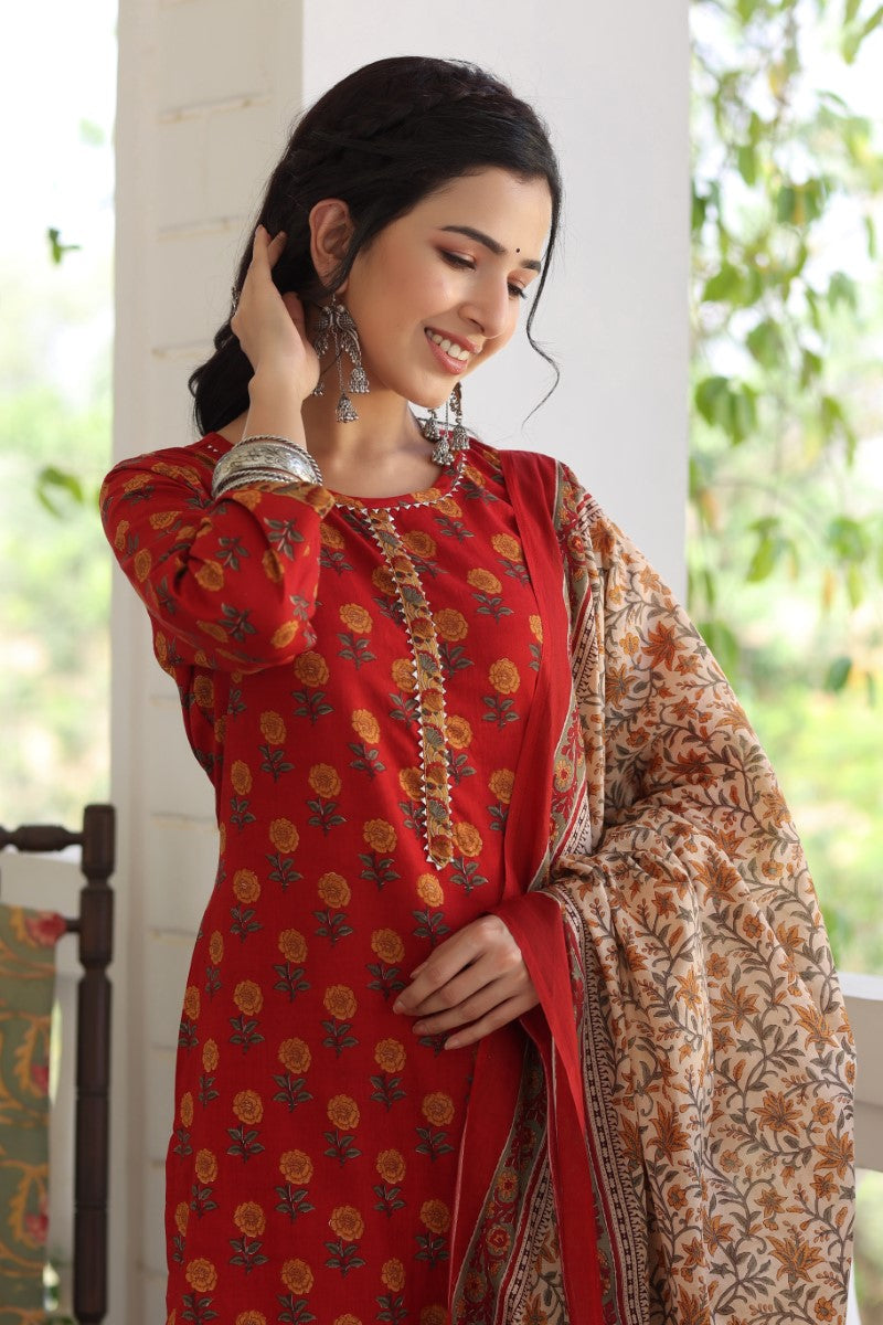 Maroon Brown Printed Kurta with Trousers Dupatta VKSKD1027